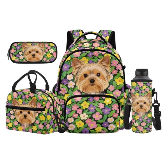 Uorisanigo Floral Yorkshire Terrier Schoolbags Set for Boys & Girls 4-Pack Elementary School Bookbag with Water Carrier Pouch & Lunch Box Bag & Pencil Case Large Capacity Backpack
