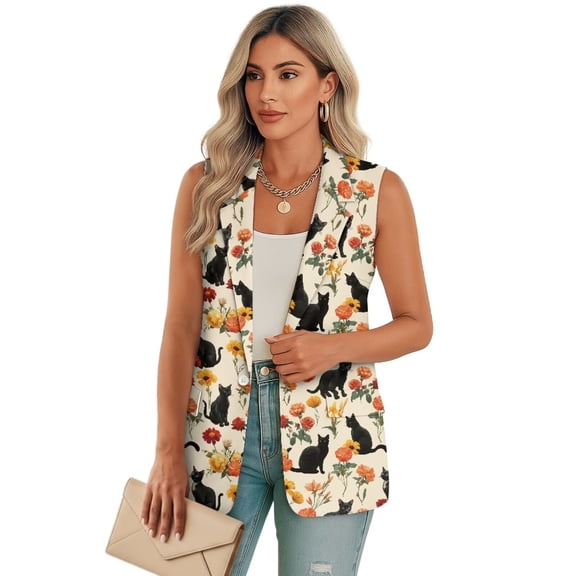 Uorisanigo Flower Black Cat Women's Vest Suit Open Front with Pockets Sleeveless Womens Waistcoat Vest Size XL Button Front Vests Top Dressy