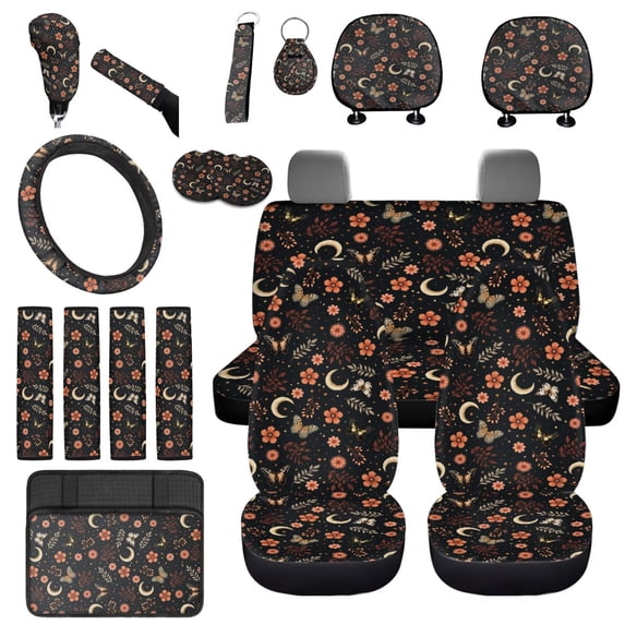 Uorisanigo Flower Moon 18 Packs Car Seat Cover Set with Armrest Cushion Headrest Covers Shift Knob Covers Handbrake Safety Seat Belt Pads Steering Cover Coasters Keyring for SUV Truck Sedan