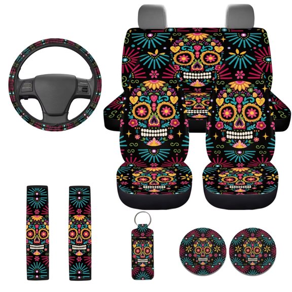Uorisanigo Flower Skull Sugar 10 Pieces Automobile Seat Cover Sets with Car Steering Wheel Cover Car Seat Belt Cover Cars Water Cup Coaster Keychains Soft Anti-slip Auto Interior for Cars SUVs