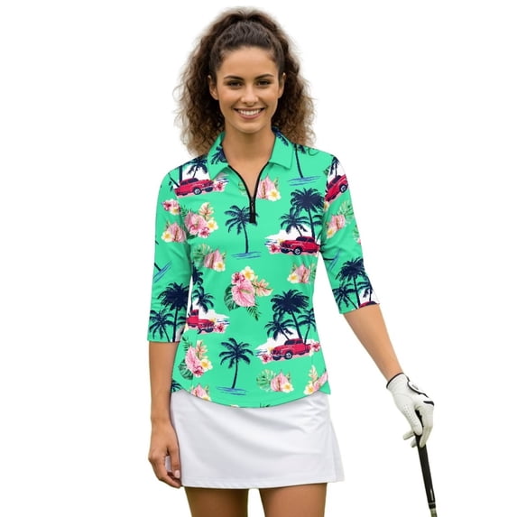 Uorisanigo Flowering Palm Tree Women Long Sleeve Golf Polo Shirts Casual Comfortable Quick Dry Athletic Polo Shirts Breathable Tennis Tops Quarter Zip Womens Outing Wear Size M