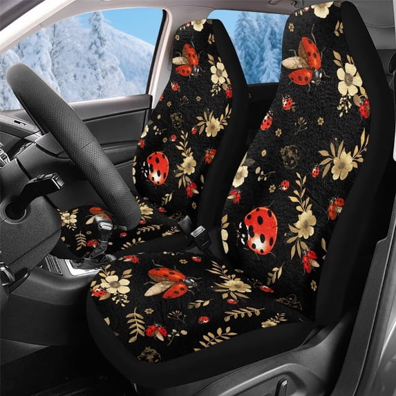 Uorisanigo Fluffy Car Seat Cover, 2 pcs Flower Ladybug Print High Back Front Auto Cushion Cover Fit for Vehicles, Auto, Suvs, Trucks, Sedans, Vans, Cars, Car Interior Accessories