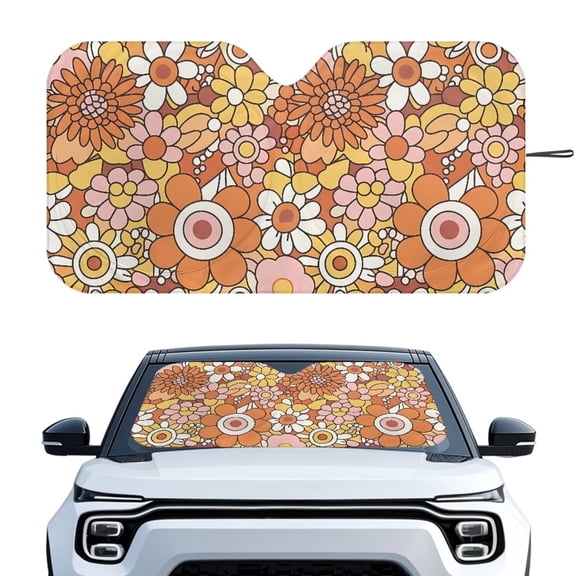 Uorisanigo Foldable Auto Sun Shades Hippie Flowers Orange Car Windshield Sunshade UV Protection Heat Reflector Keep Vehicle Cool Removable Interior Protector for Cars Trucks SUV