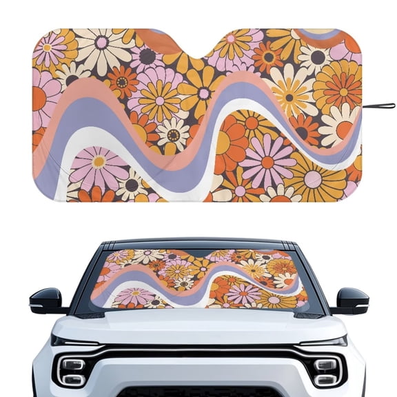 Uorisanigo Foldable Automotive Windshield Sunshade Retro 70s Flower Power Car Sun Shade UV Blocker Keep Your Car Cool Auto Interior Sun Protection Universal for Sedan Truck SUV