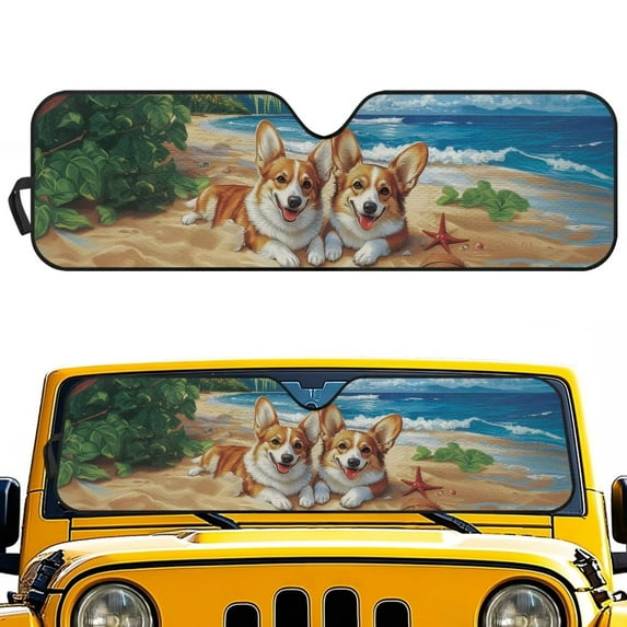 Uorisanigo Foldable Windshield Sun Shade for Jeeps Cute Corgi Beach Sun Visor Windshield Sunshade Fit for Jeep Gladiator 2020-2025/Jeep Wrangler TJ JK JL 2018-2025, Keep Car Interior Cooler