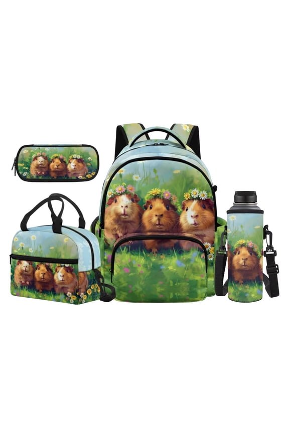 Forest Capybara Kids Backpack for School, 4-Piece Set Includes Water Bottle Bag, Insulated Lunch Box and Pencil Case, Durable Rucksack with Adjustable Shoulder Straps