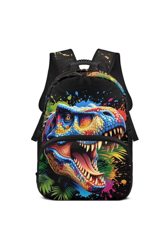 Forest T-Rex Print Kids Children School Backpack 17 inch, Water Resistant Daypack with Side Water Bottle Pocket, Casual Travel Rucksack for Nursery and Preschool