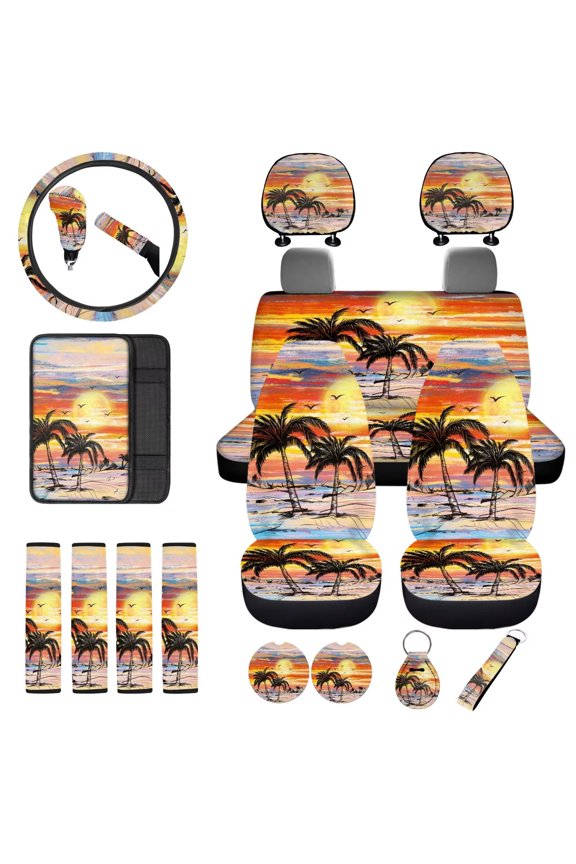 Front Back Seat Cover Full Set Palm Tree Summer Sunset Steering Safety Seat Belt Pads Wheel Protector Armrest Cushion Headrest Shift Knob Handbrake Covers Car Coasters Keychain,Set of 18