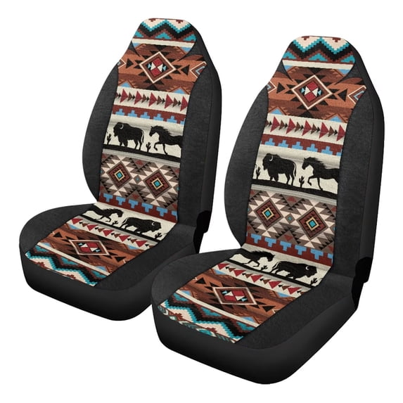 Uorisanigo Front Car Seat Cover, 2Pcs Car Accessories with Auto Seat Covers Protect Accessories for Men, Ethnic Geometric Aztec Horse Cow Auto Seats Cushions
