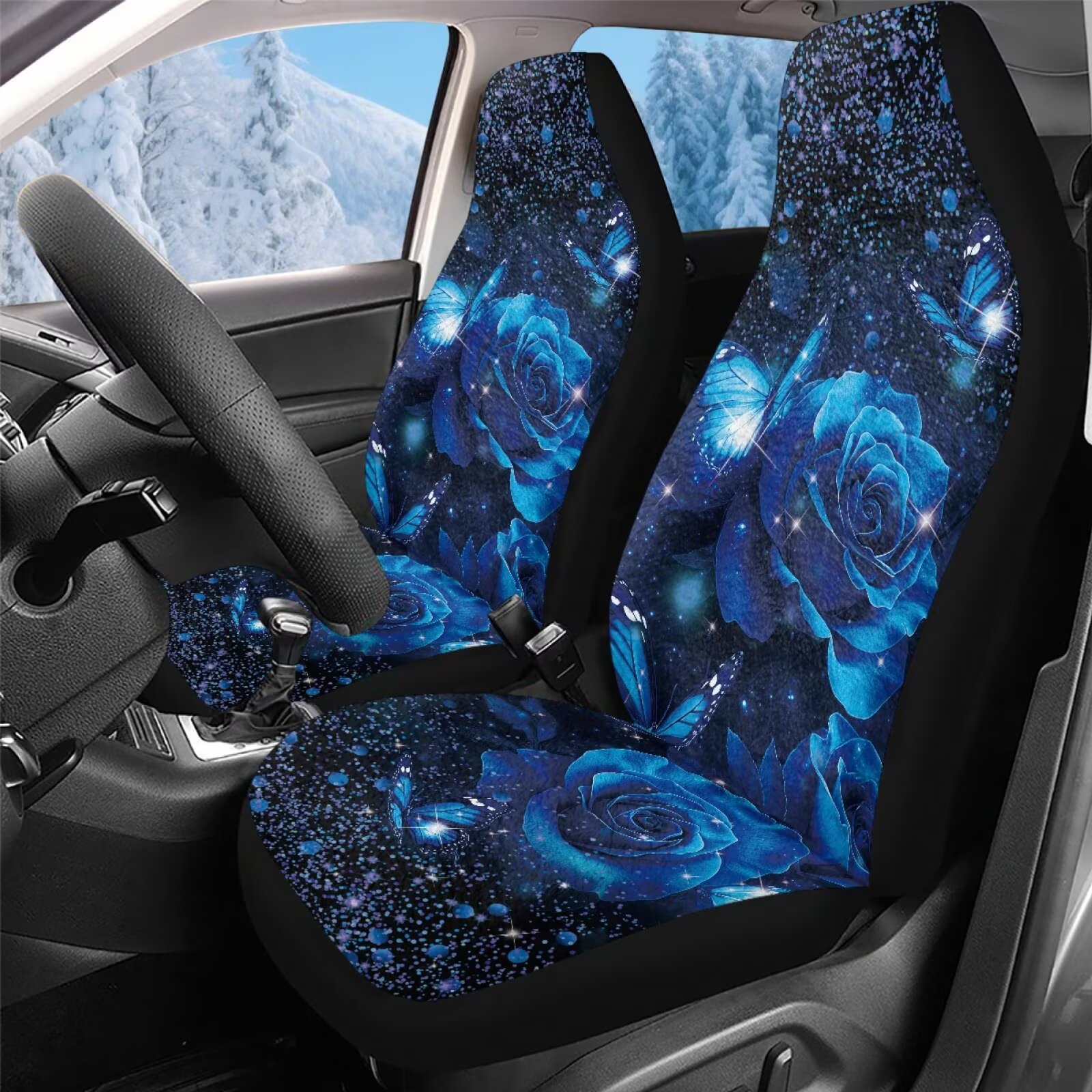 Uorisanigo Front Car Seat Cover - Breathable & Stylish, Blue Rose Butterfly Bottom Seat Covers of Full Wrapped Edge Universal Fit for Most Cars, SUV, Van Car Accessories Cushions
