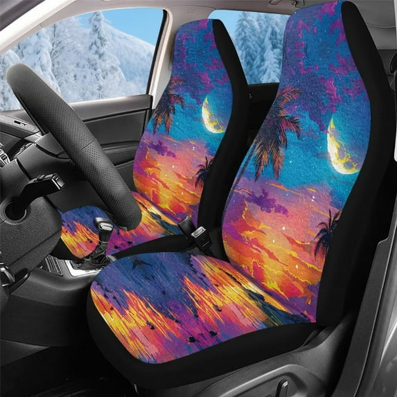 Uorisanigo Front Car Seat Cover - Soft Fuzzy Fur Beachside Palm Tree Front Bucket Seat Covers Universal Fit for Most Cars, SUVs, Trucks, and Vans, Car Accessories Cushions