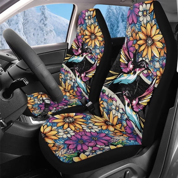 Uorisanigo Front Car Seat Cover - Soft Fuzzy Fur Floral Hummingbird Front Bucket Seat Covers Universal Fit for Most Cars, SUVs, Trucks, and Vans, Car Accessories Cushions