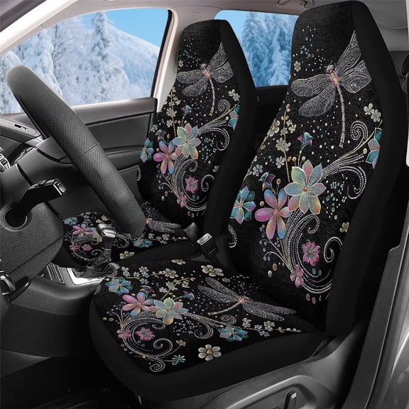 Uorisanigo Front Car Seat Covers, 2 Pack Universal Auto Protectors for Front Seats, Flower Dragonfly Print Car Bucket Seats Covers Cushion Universal Fit for SUV Sedan Van