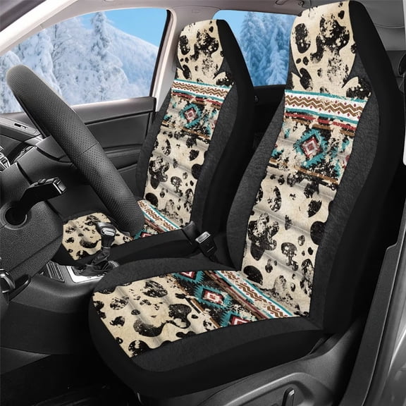 Uorisanigo Front Car Seat Covers 2pcs/Set High Back Bucket Seat Cover Stretchy Plush Retro Aztec Cow Print Auto Seats Covers Car Seats Protectors for Most Cars, Trucks, SUVs, Vans