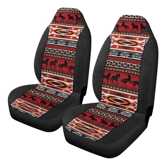 Uorisanigo Front Seat Cover Set, 2-Pack Red Aztec Western Horse Car Seat Covers, Sideless Design Seats Cushions for Easy Installation, Universal Fits Most Cars Trucks Vans SUVs