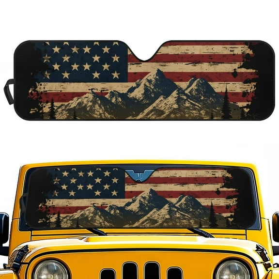 Uorisanigo Front Windshield Sunshade Fit for Jeep Wrangler, Gladiator, Renegade, Foldable Window Shade Sun Visor Protectoin Blocks UV Rays Keep Vehicle Cooler(American Flag Mountain)