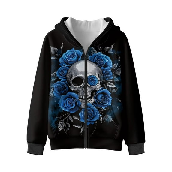 Uorisanigo Full Zip Hooded Hoodies Athletic Sweatshirts Warm Blue Rose Skull Shirt Fall Outwear for Kids Casual Sweatshirts Jackets Lightweight Outerwear Shirts Coat