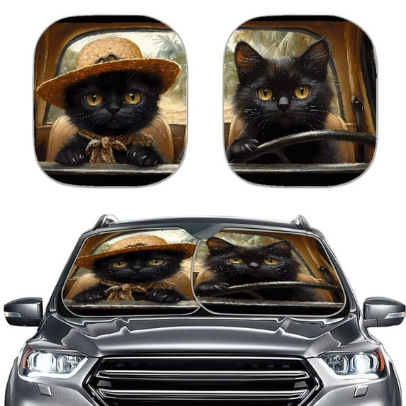 Uorisanigo Funny Black Kitten Driving Windshield Sun Shade Foldable 2pcs Car Sun Shade Interior Accessories Car Shield Sun Protector Summer Universal Fit Sun Visor for Vehicles, Cars, SUVs