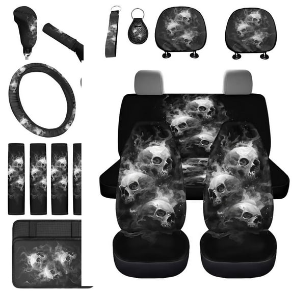 Uorisanigo Funny Skulls Car Seat Cover Full Set - Steering Wheel Protector,Arm Rest Cover,Seatbelt Pads,Headrest,Shift Knob,Handbrake Covers,Keychain,Car Cup Holder Coaster Universal Fit,Set of 18