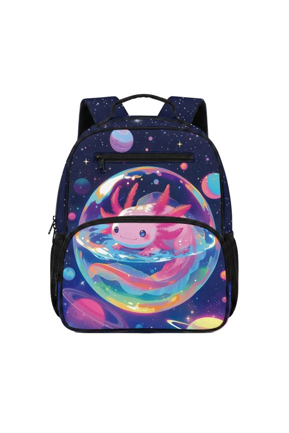 Galaxy Planet Axolotl Kids Backpack for Girls Elementary School Lightweight Bookbag with Side Pocket Casual Daypack for Preschool Camping Travel