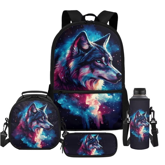 Uorisanigo Galaxy Wolf Backpack Set for Kids Backpack with Lunch Bag Pencil Pouch Bag Water Bottle Holder, 4-in-1 Backpacks Set for Elementary Middle School Bags