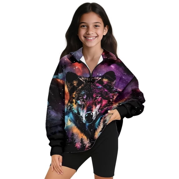 Uorisanigo Galaxy Wolf Girls Half Zip Sweatshirt Oversized Long Sleeve Pullover Tops Fall Fashion Outfits Clothes Athletic Sweatshirts Pullover Jacket for Sports and Daily Wear