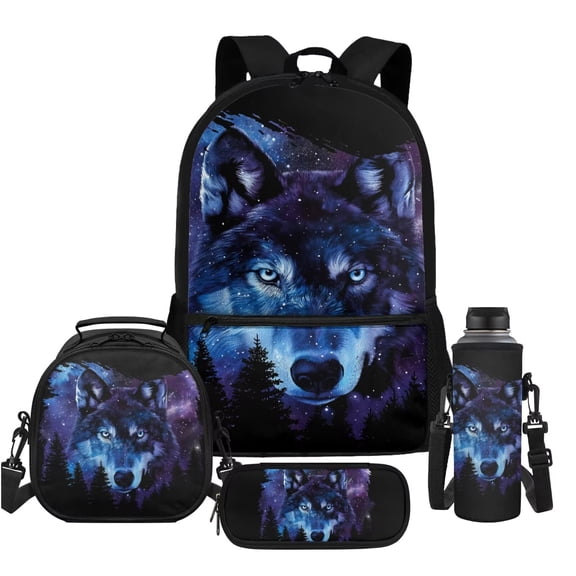 Uorisanigo Galaxy Wolf Kids Backpack Boys Backpack with Lunch Bag Pencil Case Water Bottle Bag, 4-in-1 Backpacks Set for Elementary Middle School Bags