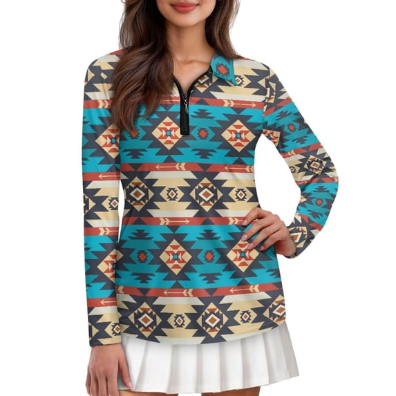 Uorisanigo Geometric Tribe Women's Golf Top Size XS Soft Quarter Zip Hiking Running Workout Tops Fashion Quick Dry Workout Tops Outing Wear for Women