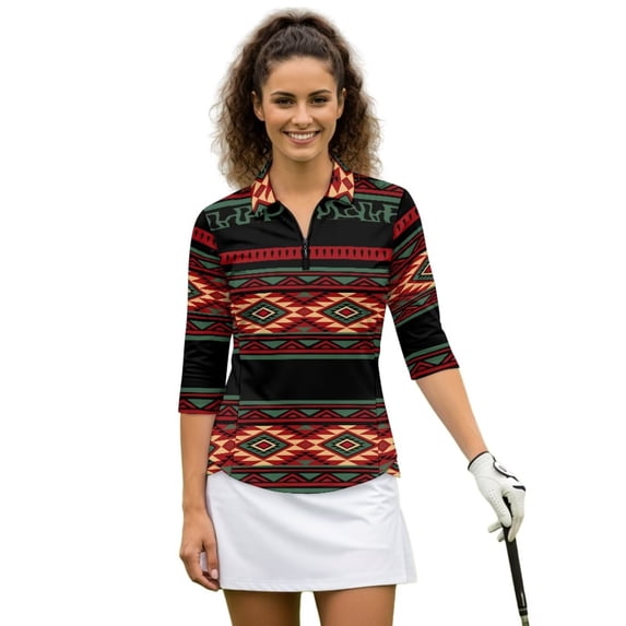 Uorisanigo Geometric Tribe Womens Moisture Wicking Casual Tennis Activewear Size S Versatile Fashionable Long Sleeve Golf Polo Shirts with 1/4 Zipper Casual Outing Wear Pullover