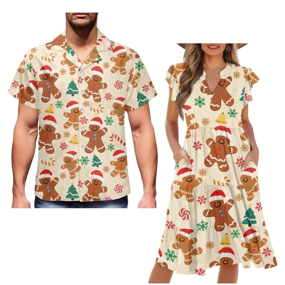 Uorisanigo Gingerbread Men Couple Matching Outfit Christmas Tree Men's Short Sleeve Shirt Size XS Beach Shirt for Summer Spring and Womens Midi Dress V-neck Elegant Party Dresses