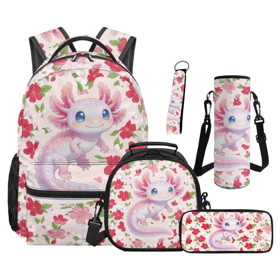 Uorisanigo Girl Backpack Kids School Backpack Set Cute Axolotl Tropical Flower Book Bag Daypack with Lunchbox Pen Case Water Bottle Bag Keychain 5 Piece for Primary Middle School Student Ligthweight
