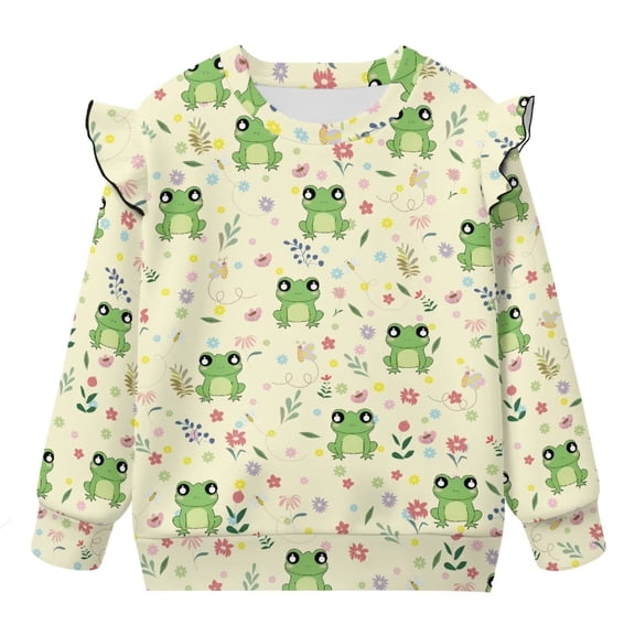 Uorisanigo Girl Long Sleeve Sweatshirt Ruffle Shoulder Green Frog Floral Pullover Tops Casual Crewneck Sweatshirts 3-4T Comfortable Fall Winter Spring Clothes