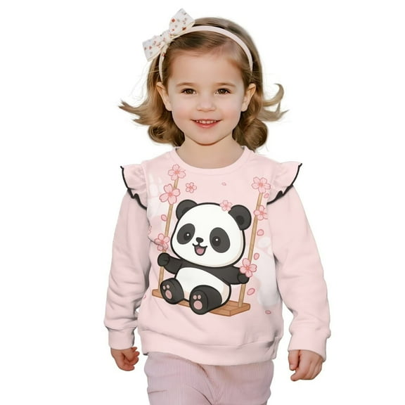 Uorisanigo Girl Long Sleeve Sweatshirt Ruffle Shoulder Pullover Tops Casual Crewneck Cute Panda Floral Sweatshirts 2-3T Comfortable Fall Winter Spring Clothes