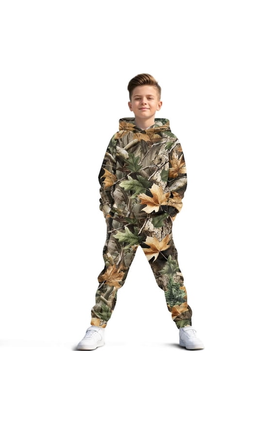 Girl's Boy's 2 Piece Outfits Fall Winter Sweatsuit Kids Camo Hunting Print Hooded Hoodie and Jogger Sweatpants Set, Graphic Printed Kids Youth Matching Set