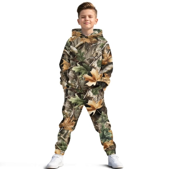 Uorisanigo Girl's Boy's 2 Piece Outfits Fall Winter Sweatsuit Kids Camo Hunting Print Hooded Hoodie and Jogger Sweatpants Set, Graphic Printed Kids Youth Matching Set