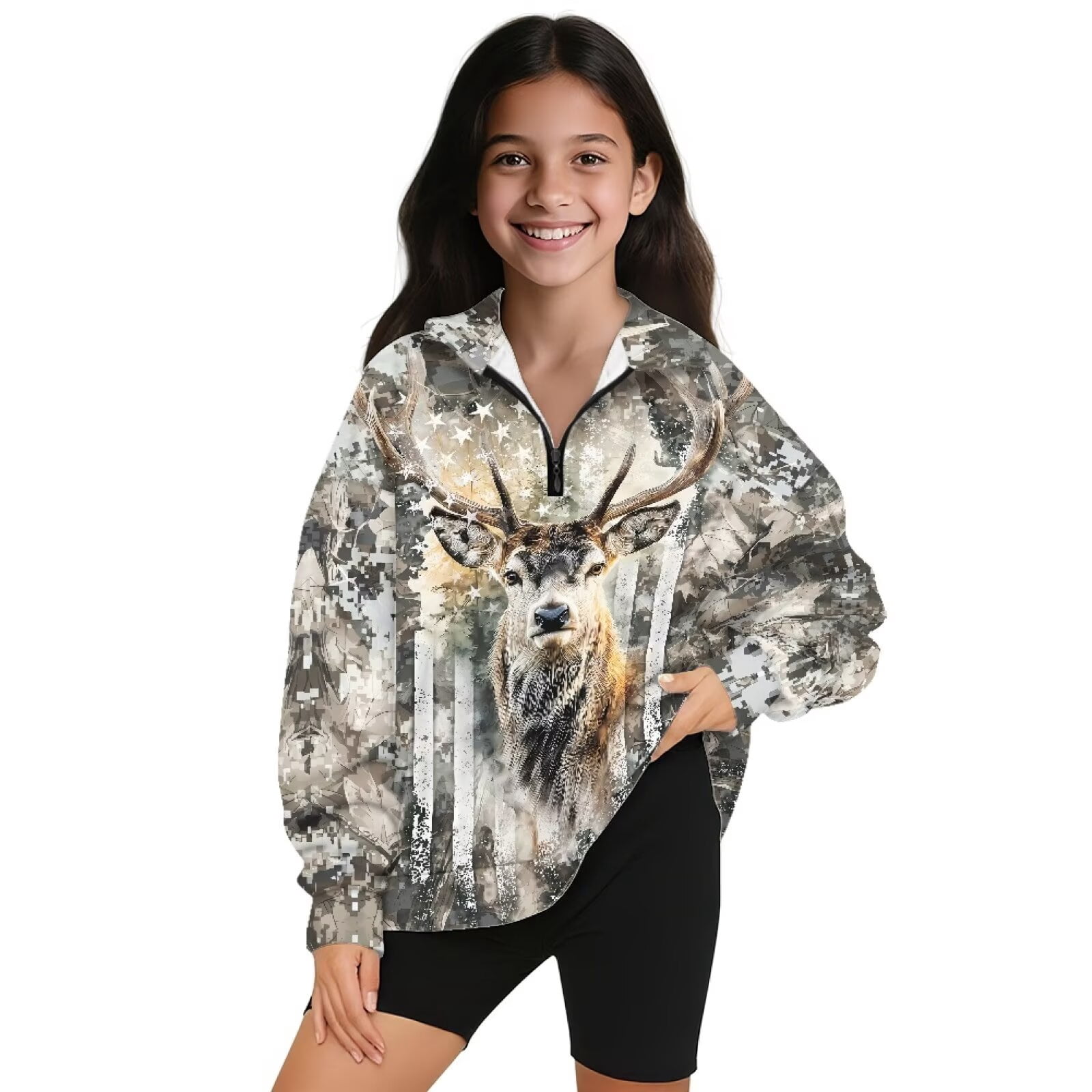 Uorisanigo Girls' 1/4 Zipper Sweatshirts Oversized Sweatshirts Casual Camo Deer Hunting Forest Long Sleeve Workout Shirts Quarter-Zip Pullover Jacket Fall Spring Outfits Clothes
