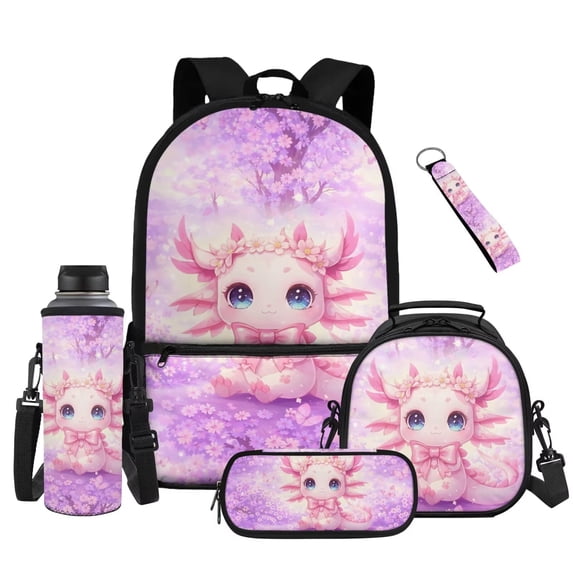 Uorisanigo Girls Backpack 5 PCS Set Cute Pink Axolotl School Backpack with Lunch Box Pencil Bag Water Bottle Cover Lightweight Adjustable Strap Bookbag for Elementary Middle Student for Sport Travel