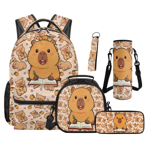Uorisanigo Girls Backpack School Bag Reusable Insulated Lunch Box Pencil Case Water Bottle Sleeve Keychain 5 PCS Set Kawaii Capybara Kids Teens Bookbag School Supplies Travel Athletic