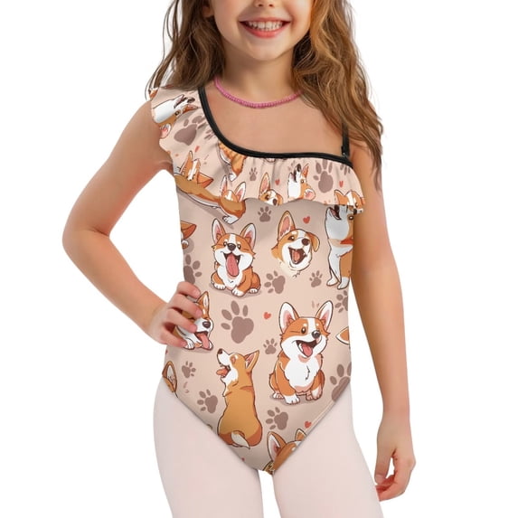 Uorisanigo Girls Bathing Suits Kids One Shoulder Sport Summer Beach Swimwear Size 11-12 One Piece Tankini Bathing Suit Pool Party, Cute Corgi