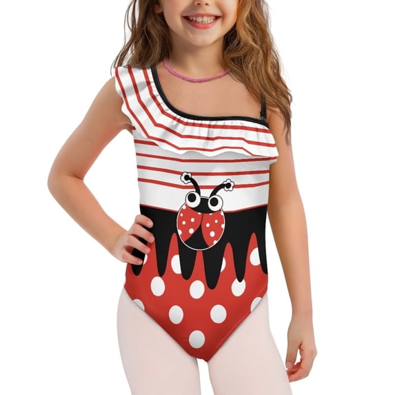 Uorisanigo Girls Bathing Suits One Piece Size 3-4 Quick Dry Ruffle Beach Swimming Suit Single Spaghetti Strap One Shoulder Swimming Lessons Swimwear, Cute Ladybug Print