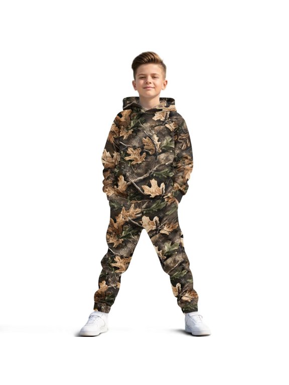 Girls Boys 2 Pack Outfits Sweatsuit Oversized Long Sleeve Hunting Camo Forest Hoodie Jacket and Sweatpants Set Active Matching Set for Fall Winter Spring Outfits