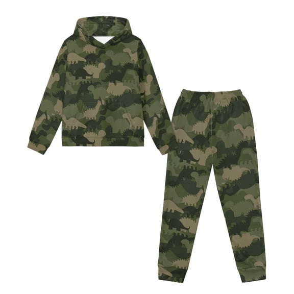 Uorisanigo Girls Boys 2 Piece Outfits Fall Winter Sweatsuit Long Sleeve Dinosaur Camouflage Hoodie Sweatshirt and Cargo Jogger Pants Set, Graphic Printed Sweatpants Outfits Set