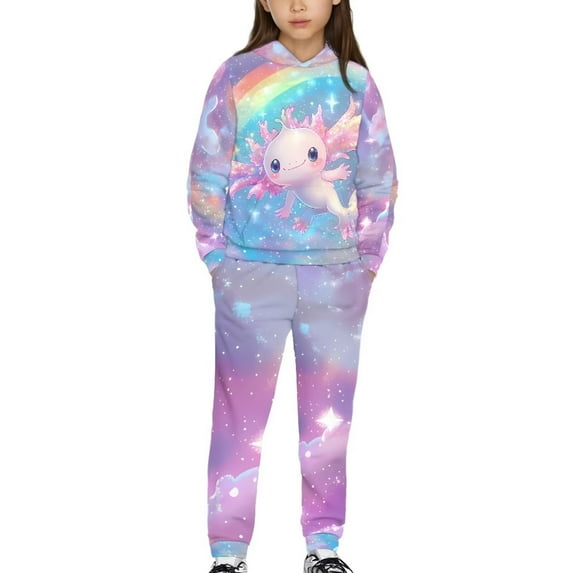 Uorisanigo Girls Boys Clothes 2 Piece Long Sleeve Hooded Cute Axolotl Rainbow Sweatshirt Top and Sweatpants Cozy Fall Winter Pullover Sweatsuit Kids Youth Matching Set
