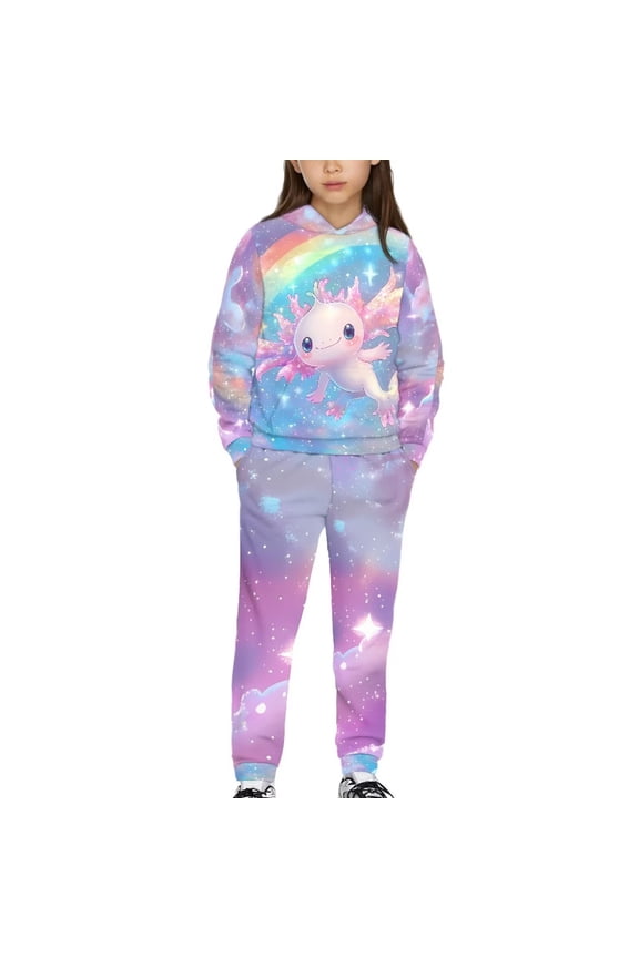 Girls Boys Clothes 2 Piece Long Sleeve Hooded Cute Axolotl Rainbow Sweatshirt Top and Sweatpants Cozy Fall Winter Pullover Sweatsuit Kids Youth Matching Set