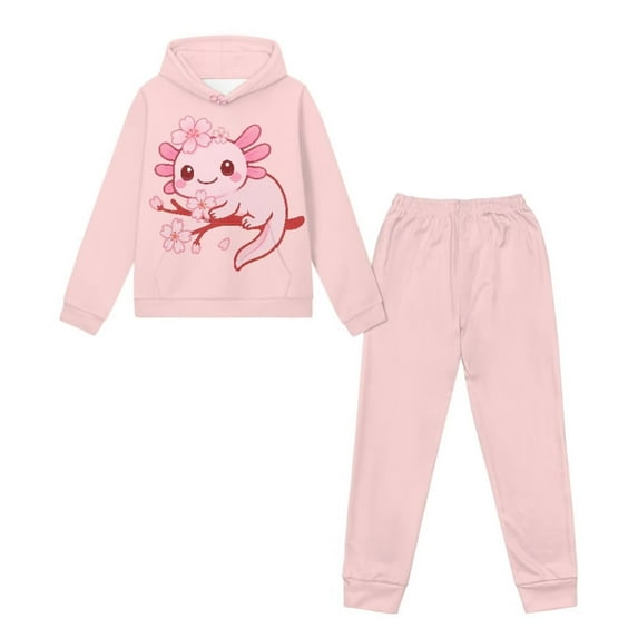 Uorisanigo Girls Boys Clothes Cute Axolotl Pink Long Sleeve Hooded Pullover Hoodies and Athletic Jogger Sweatpants with Pockets 2pcs Fall Winter Fashion Outfit Set