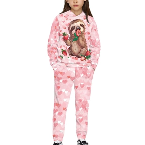 Uorisanigo Girls Boys Clothes Long Sleeve Hooded Pullover Oversized Strawberry Sloth Pink Hoodie Sweatshirt + Cargo Jogger Pants 2pcs Fall Winter Outfits for Kids