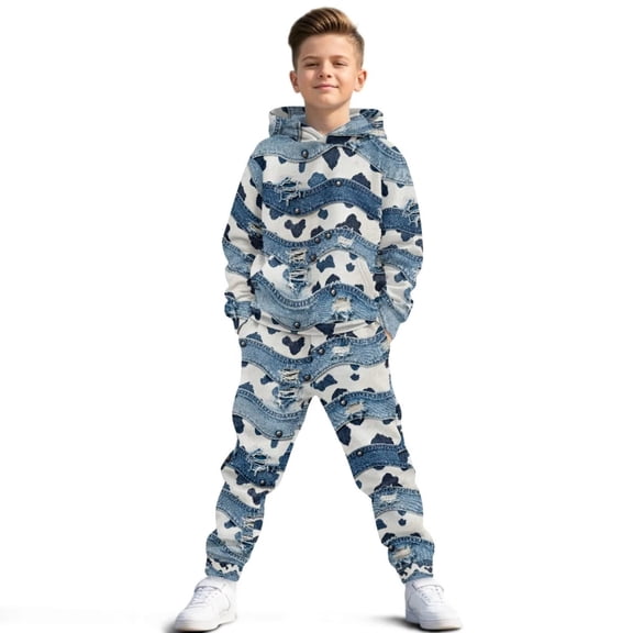 Uorisanigo Girls Boys Clothes Long Sleeve Pullover Hoodie Sweatshirt and Sweatpants Outfit 2 Piece, Soft Fall Winter Blue Denim Cow Print Sweatsuit Kids Youth Matching Set