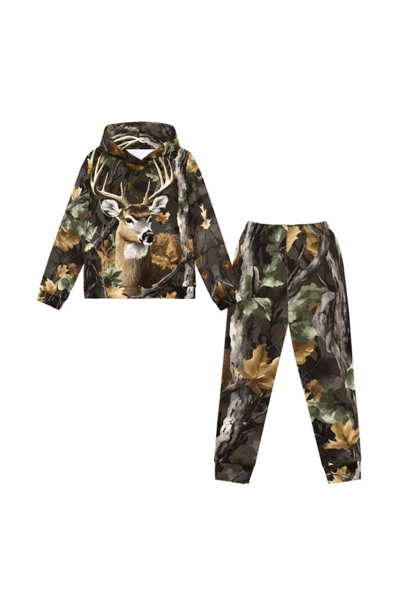 Girls Boys Long Sleeve Hooded Camo Deer Hunting Pullover Sweatshirt Cozy Clothes Oversized Hoodie & Jogger Pants with Pockets 2 Piece Fall Winter Outfit Set