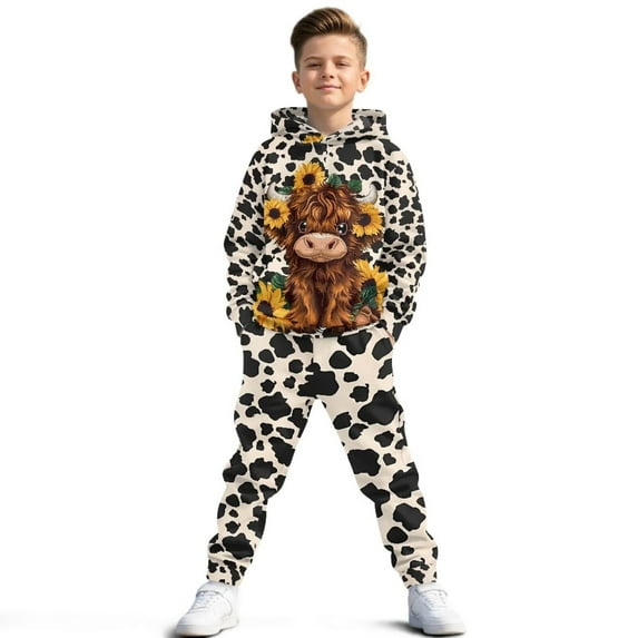 Uorisanigo Girls Boys Sweatsuit Set 2PCS Fall Warm Long Sleeve Baby Highland Cow Print Hoodies Sweatshirt and Jogger Pants Winter Outfits Pullover Kids Clothes