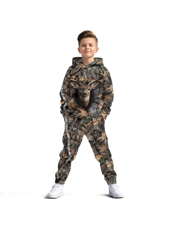Girls Boys Sweatsuit Set Oversized Camo Deer Hunter Pullover Hoodies and Athletic Cargo Jogger Sweatpants Pack of 2, Youth Activewear Set Fall Winter Outfits